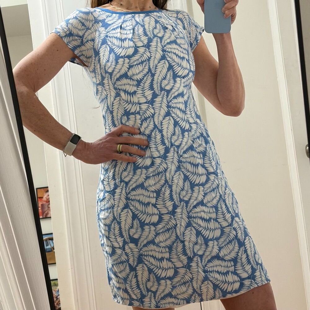 Boden Dress Size 4 botanical print Blue Cream Lined Cap Sleeve Missing Belt - Picture 2 of 14